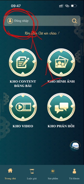 Bước 2 — bấm Đăng nhập trên app Kim Tâm Cát